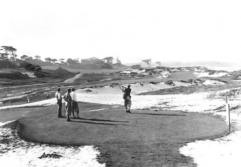 Robert Hunter, Sr teeing off 13th with Dr. MacKenzie in white shirt, Oct 1928