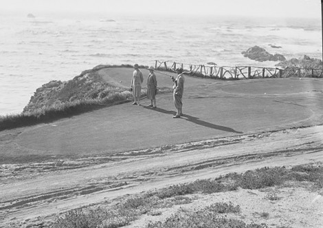 Dr. Alister MacKenzie pointing his club with his wife, Hilda, and her friend on 16th tee, 1930