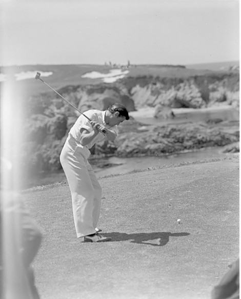 Johnny Weismuller hitting off the 16th 1937