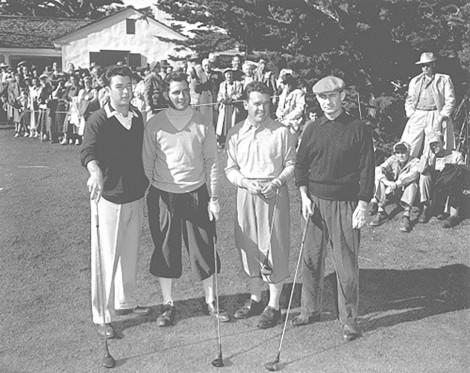 L-R, Ken Venturi, unknown man, Jackie Burke, and George Coleman, Crosby 1953